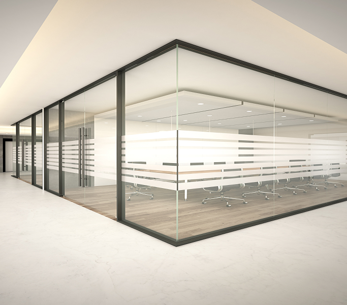 alt="Movable glass walls installed by Systemax in modern office space."